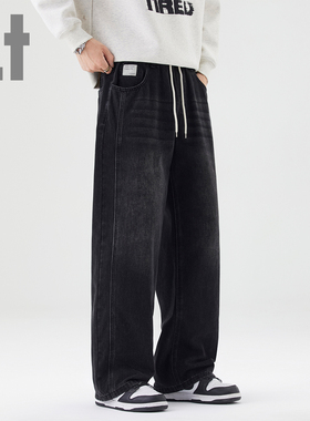 i.t:CHOCOOLATE黑色直筒牛仔裤男秋季新款抽绳松紧腰织唛宽松长裤