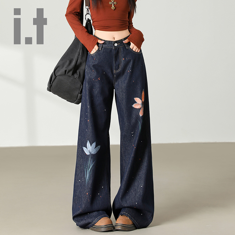 it:CHOCOOLATE时尚百搭阔腿水洗牛仔裤女春秋新款泼墨涂鸦长裤子