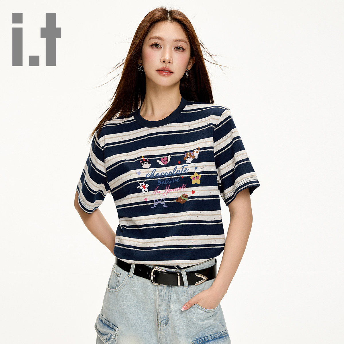 it:CHOCOOLATE条纹印花短袖T恤女士夏季新款宽松百搭简约休闲上衣