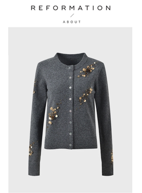 【现货】About Reformation小众手工钉珠修身显瘦气质圆领针织衫