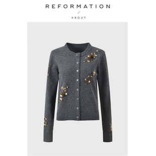 Reformation小众手工钉珠修身 About 显瘦气质圆领针织衫 现货