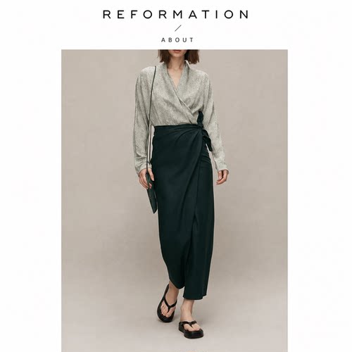 【现货】About Reformation西班牙小众交叉V领长袖定染印花衬衣女