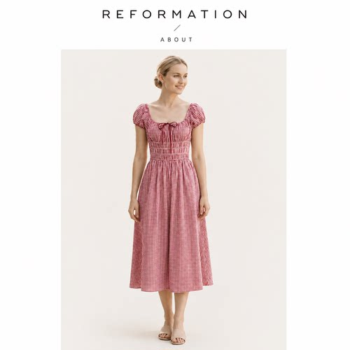 【现货】About Reformation红格子方领度假收腰中长款连衣裙法式