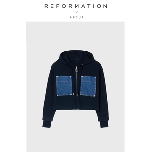 Reformation牛仔拼接短外套休闲时髦连帽针织开衫 About 现货