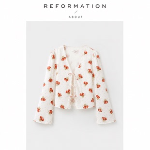 【现货】About Reformation夏波点性感蝴蝶结绑带V领真丝上衣法式