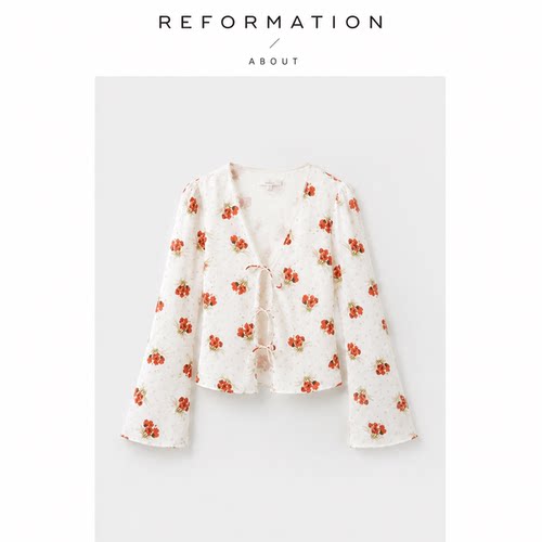 【现货】About Reformation夏波点性感蝴蝶结绑带V领真丝上衣法式