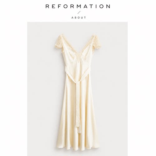 【现货】About Reformation法式V领蕾丝边刺绣修身露背缎面连衣裙