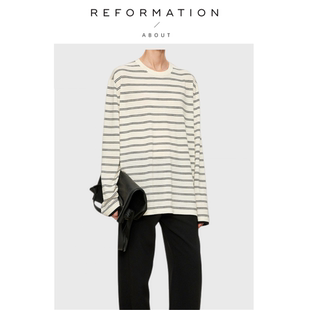 Reformation桑蚕丝羊毛天丝混纺条纹宽松圆领上衣 About 现货