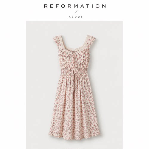 【现货】About Reformation田园碎花经典U领绑带连衣裙绣花松紧腰