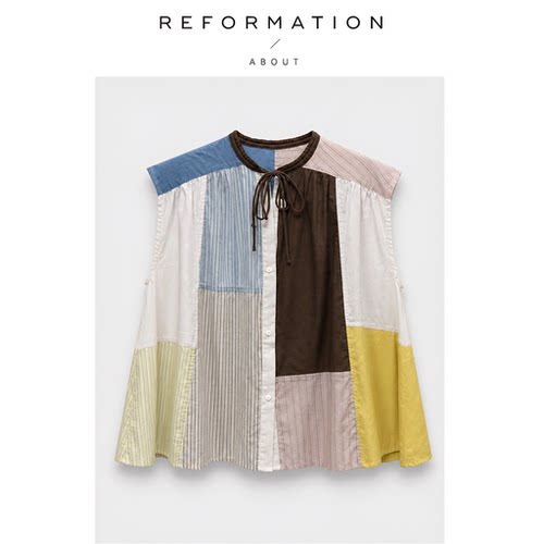 【现货】About Reformation法式上衣复古拼色条纹无袖薄棉质衬衫