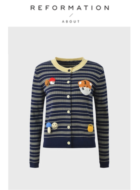 【现货】About Reformation卡通钩花条纹撞色长袖休闲针织开衫女