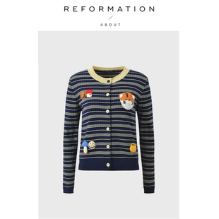 休闲针织开衫 Reformation卡通钩花条纹撞色长袖 About 女 现货