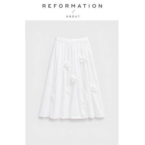 【现货】About Reformation郁金香！手工半裙夏白色立体花朵伞裙