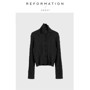 Reformation深灰色复古麻花菱格高领针织开衫 About 毛衣 现货