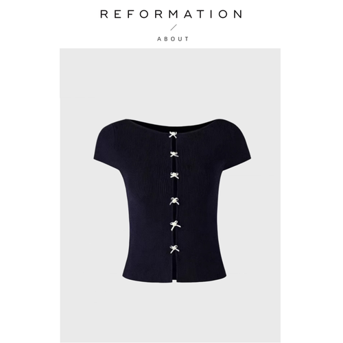 【现货】About Reformation藏蓝色短袖上衣水滴形镂空蝴蝶结法式