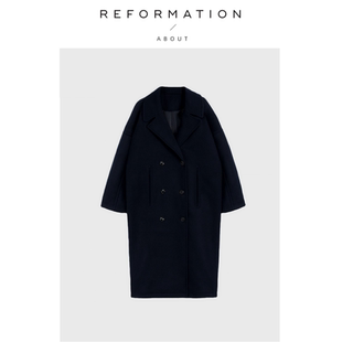Reformation藏青色毛呢大衣落肩加厚保暖羊毛外套 About 现货