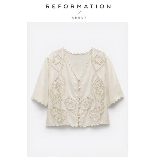 【现货】About Reformation法式镂空刺绣V领波浪边纽扣衬衫上衣