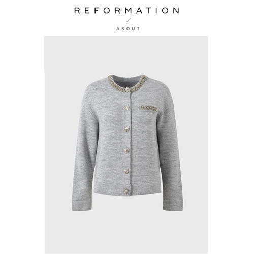 【现货】About Reformation浅灰钻饰休闲长款格雷风针织开衫外套