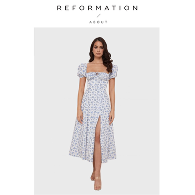 【现货】About Reformation house of cb碎花开叉泡泡袖连衣裙女