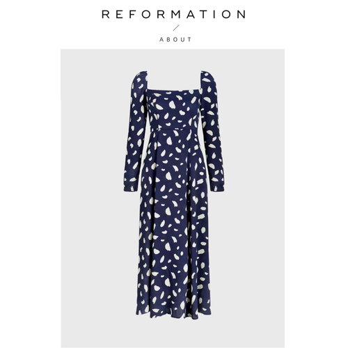 【现货】About Reformation连衣裙法式复古深蓝长袖方领露背开叉