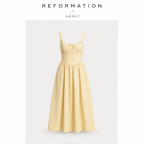 【现货】About Reformation夏亚麻黄色方领纯欲中长款法式连衣裙