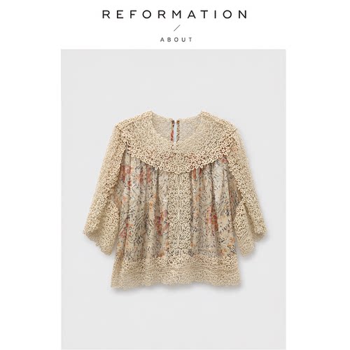 【现货】About Reformation复古镂空蕾丝拼接散口袖圆领上衣衬衫