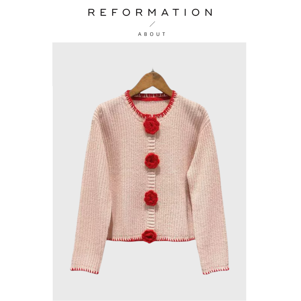 【现货】About Reformation甜美钩编红花圆领羊驼毛混纺针织开衫