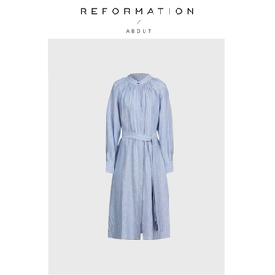 【现货】About Reformation宽松棉麻中长蓝色条纹修身衬衫连衣裙