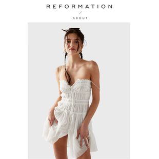 【现货】About Reformation纯色方领吊带短款修身弹力纱裙连衣裙