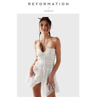 【现货】About Reformation纯色方领吊带短款修身弹力纱裙连衣裙