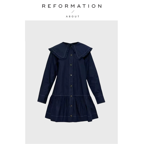 【现货】About Reformation法式经典娃娃裙海军蓝翻领甜美连衣裙