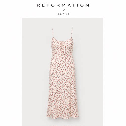 【现货】About Reformation新款重磅桑蚕丝白色玫瑰吊带A字连衣裙