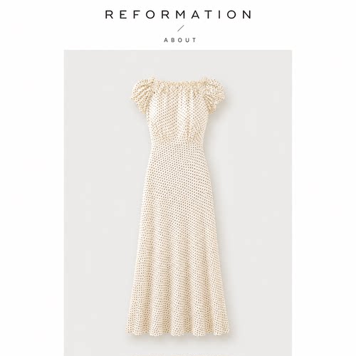 【现货】About Reformation休闲波点印花高腰裙 法式泡泡袖连衣裙