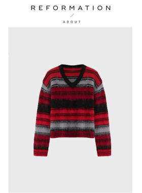 【现货】About Reformation红黑条纹小蜜蜂羊毛马海毛V领针织毛衣
