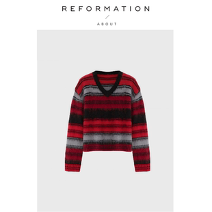 Reformation红黑条纹小蜜蜂羊毛马海毛V领针织毛衣 About 现货
