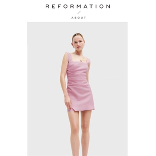 【现货】About Reformation纯色方领亚麻短款修身不规则连衣裙女