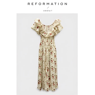【现货】About Reformation法式荷叶边复古田园碎花V领高腰连衣裙