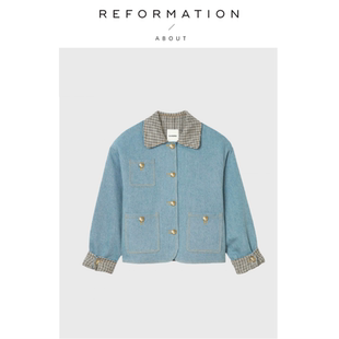 Reformation法式 About 牛仔外套复古休闲千鸟格宽松夹克 现货