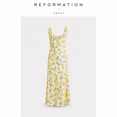 【现货】About Reformation印花U领木耳边真丝碎花中长款法式度假