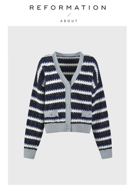 【现货】About Reformation甜美减龄V领编织条纹撞色针织开衫上衣