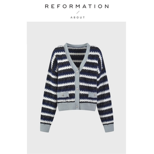 【现货】About Reformation甜美减龄V领编织条纹撞色针织开衫上衣