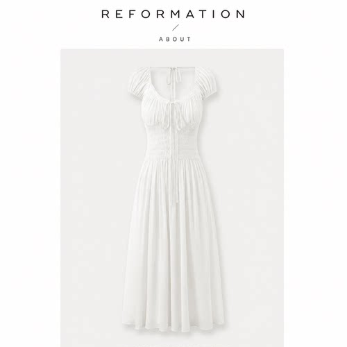 【现货】About Reformation Lisa同款小V领褶皱收腰露背长裙法式