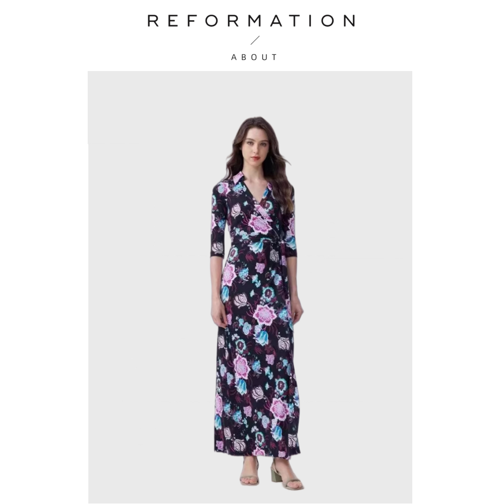 【现货】About Reformation紫蓝柳枝花卉裹裙V领七分袖开叉茶歇裙