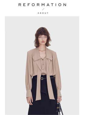 【现货】About Reformation卡其色围巾领休闲气质设计师长袖衬衣