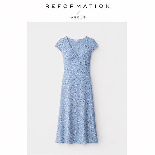 【现货】About Reformation蓝雏菊V领露背收腰真丝连衣裙法式