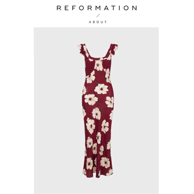 【现货】About Reformation真丝圆领低胸连衣裙荷叶边修身收腰女