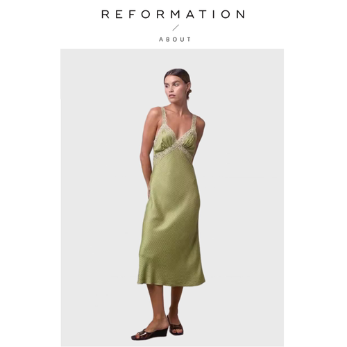 【现货】About Reformation绿色条纹拼接蕾丝花边V领吊带连衣裙女