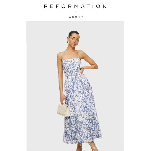 【现货】About Reformation方领修身吊带中长款连衣裙亚麻度假风