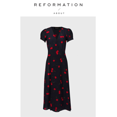 【现货】About Reformation真丝茶歇裙V领连衣裙绑带裹身裙法式女