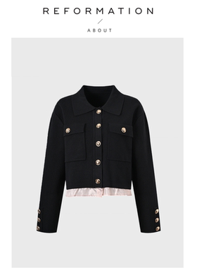 【现货】About Reformation小众撞色假两件黑色polo领金属扣上衣